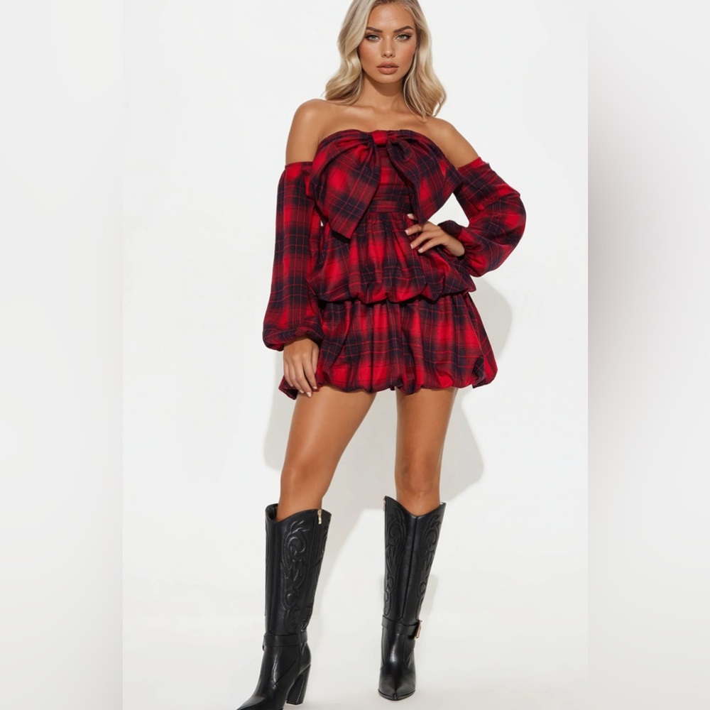 Chic Red Plaid Off-Shoulder Dress XS
